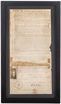 1879 Ezra Sutton & Harry Wright Dual Signed Suttons Player Contract - Signed Twice by Wright Framed to 12 x 20.5" - First Year Of Reserve Clause In National League (JSA)